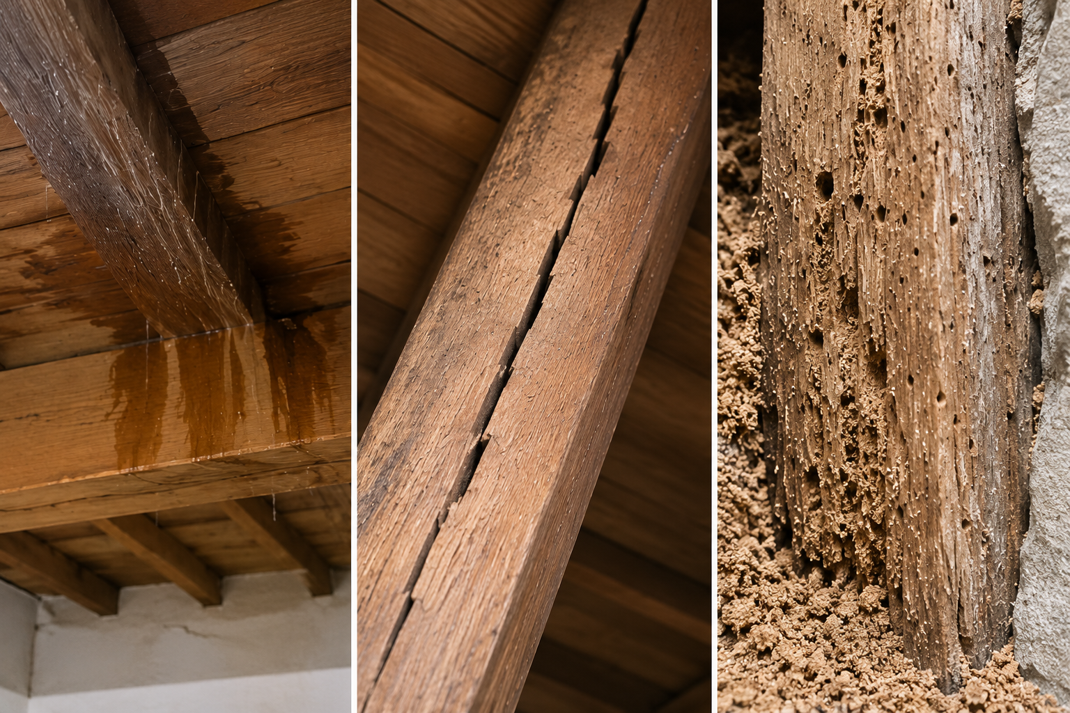 Goteras, grietas y humedades en una estructura de madera
